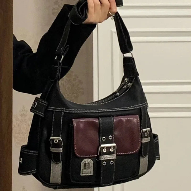 Y2K Vintage Crossbody Bag – Schultertasche aus PU-Leder mit Schnallendetails