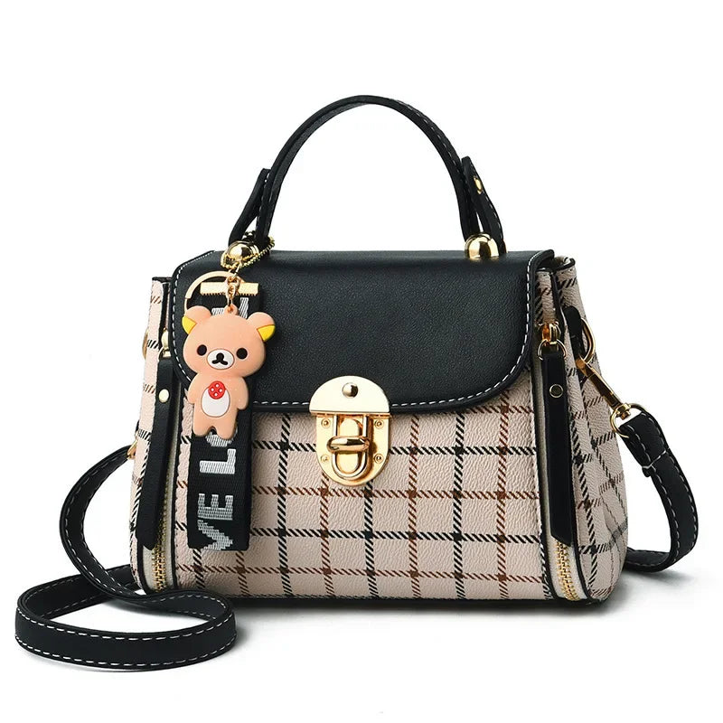 Chic Plaid Pattern Handbag with Charm Accents