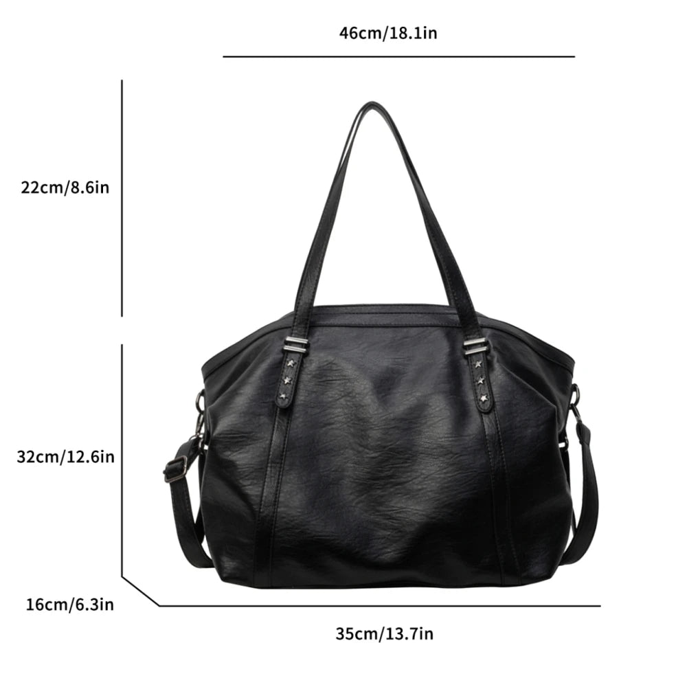 Black handbag with measurements on a white background