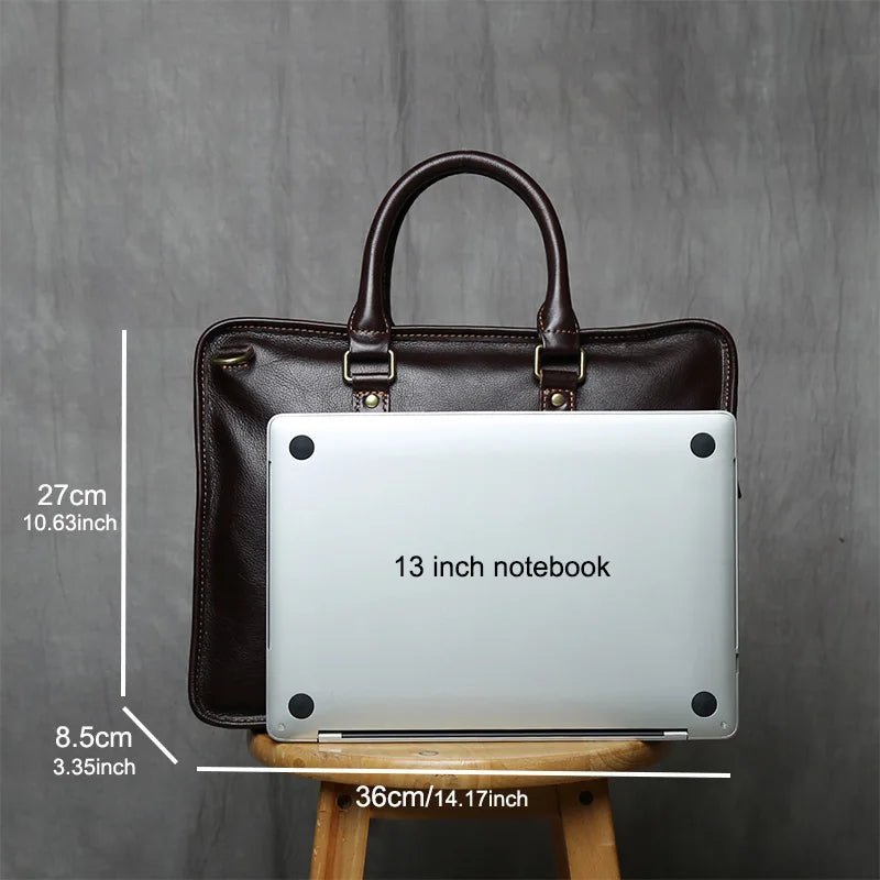 Black leather briefcase with a 13-inch notebook inside, showing dimensions against a gray background.