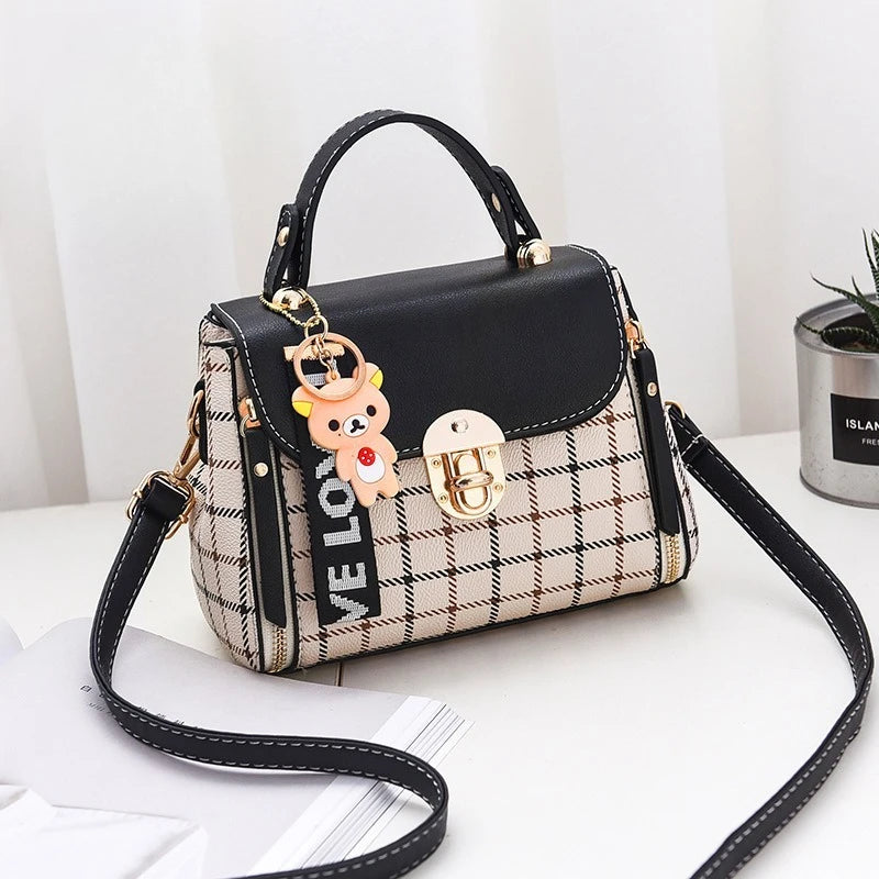 Chic Plaid Pattern Handbag with Charm Accents
