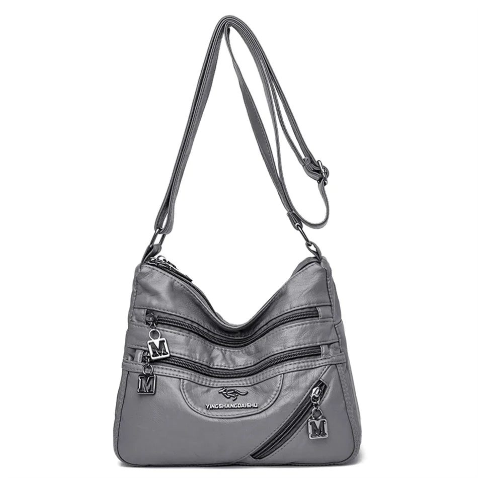 Stylish Gray Soft Leather Crossbody Bag – Spacious Multi-Pocket Shoulder Purse for Women