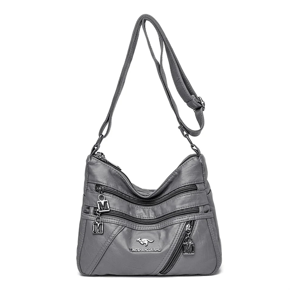 Stylish Gray Soft Leather Crossbody Bag – Spacious Multi-Pocket Shoulder Purse for Women