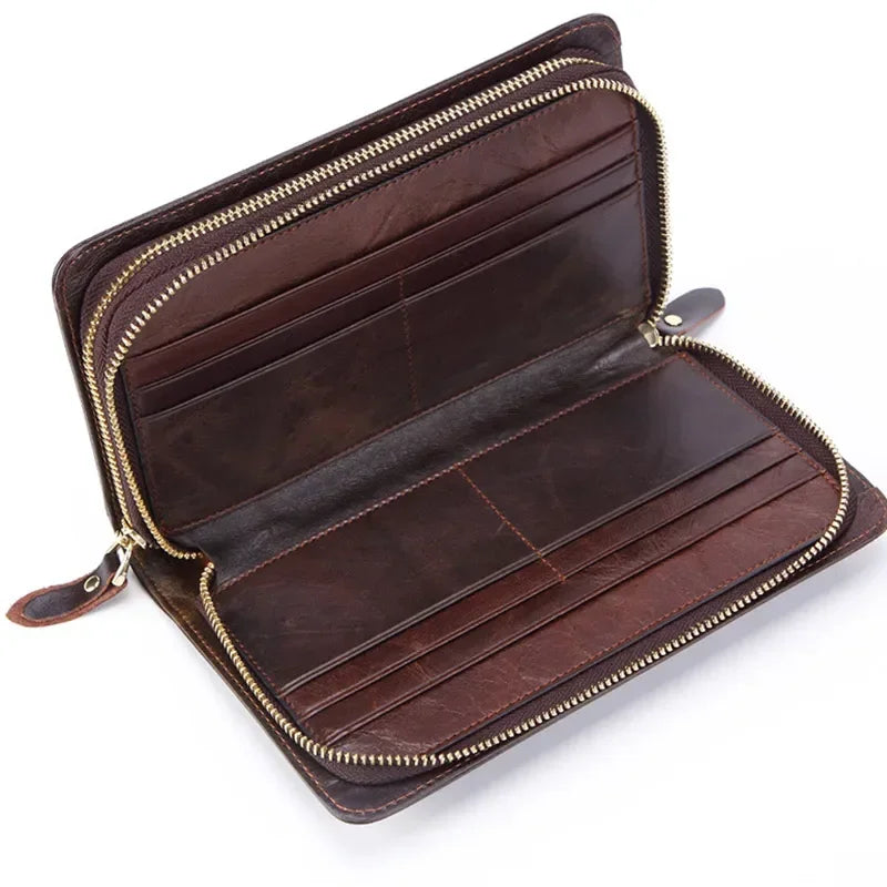 Business Genuine Leather Clutch Wallet Men Long Leather Phone Bag Purse Male Large Size Handy Coin Wallet Card Holder Money Bag
