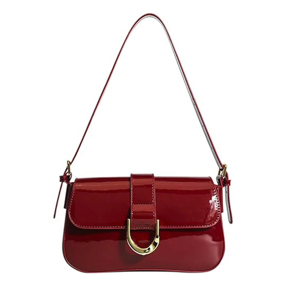 Retro Lackleder Umhängetasche – Elegante Crossbody Handtasche mit goldener Schnalle