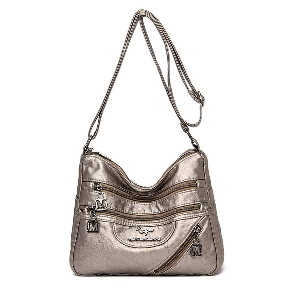 Luxury Soft Leather Crossbody Bag in Light Brown – Multi-Pocket Shoulder Bag for Women