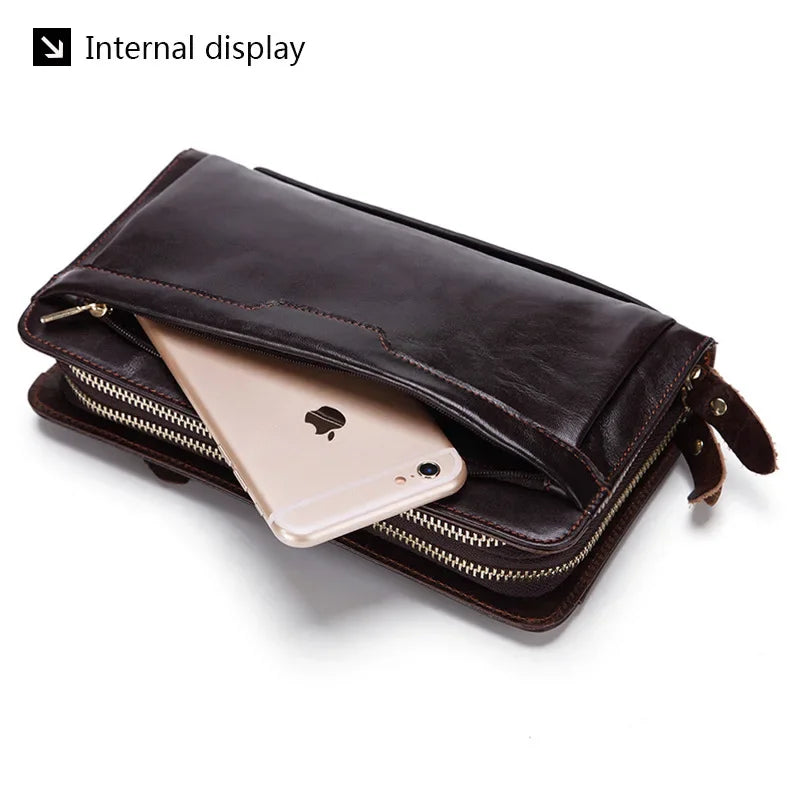 Business Genuine Leather Clutch Wallet Men Long Leather Phone Bag Purse Male Large Size Handy Coin Wallet Card Holder Money Bag