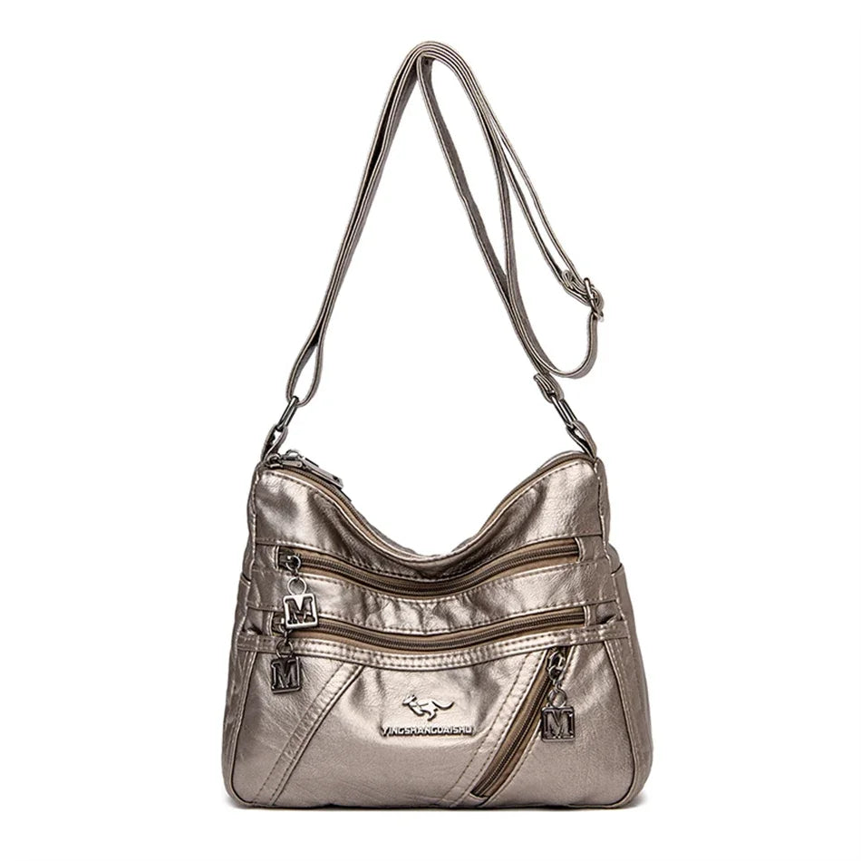 Luxury Soft Leather Crossbody Bag in Light Brown – Multi-Pocket Shoulder Bag for Women