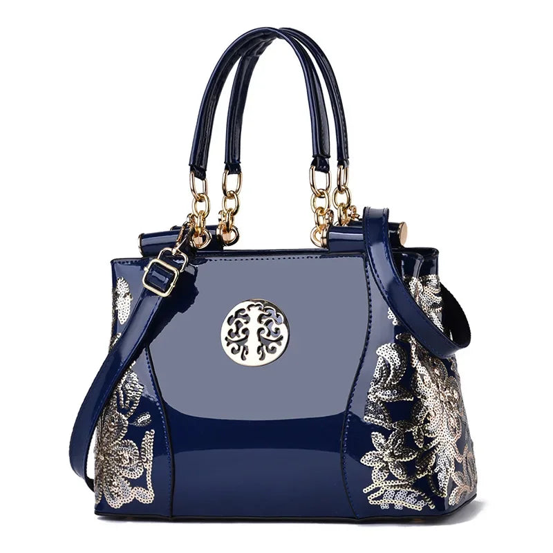 Elegant Floral Embroidery Patent Tote Bag