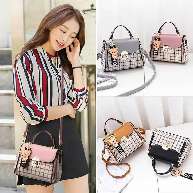 Chic Plaid Pattern Handbag with Charm Accents
