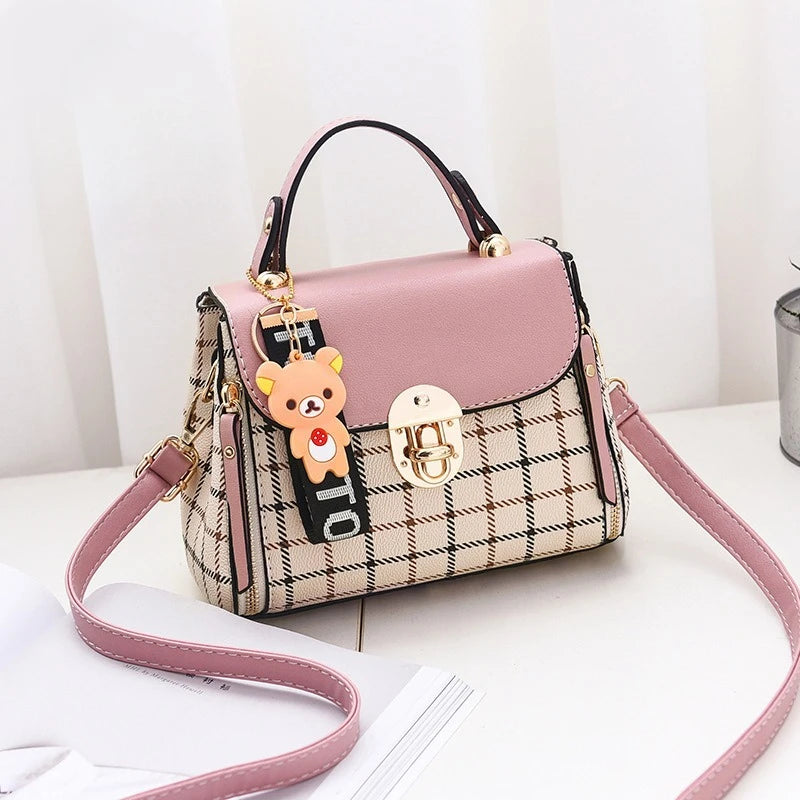 Chic Plaid Pattern Handbag with Charm Accents