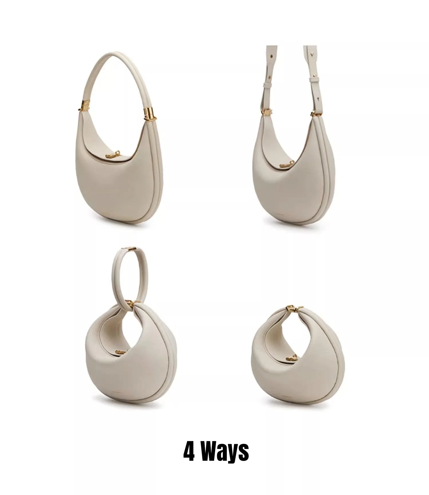 Set of beige handbags and earrings on a white background with '4 Ways' text.
