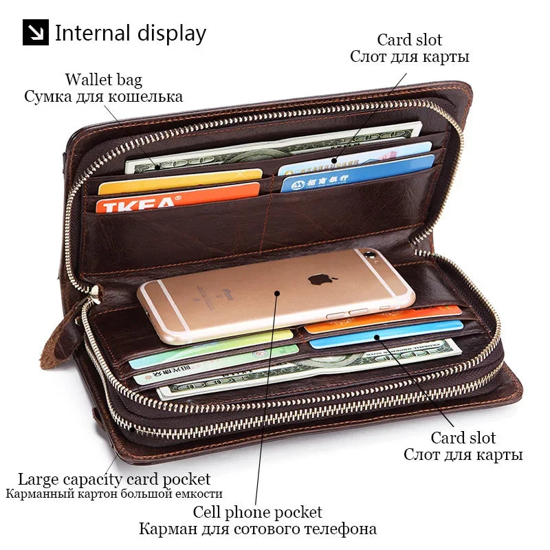 Business Genuine Leather Clutch Wallet Men Long Leather Phone Bag Purse Male Large Size Handy Coin Wallet Card Holder Money Bag
