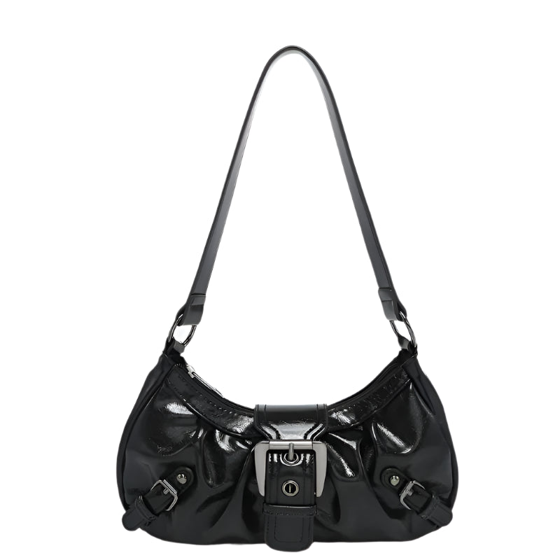 Retro Style Black PU Leather Shoulder Bag – Y2K Baguette with Buckle Detail