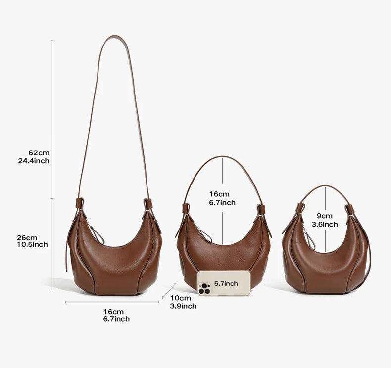 Three brown handbags of different sizes with measurements on a white background