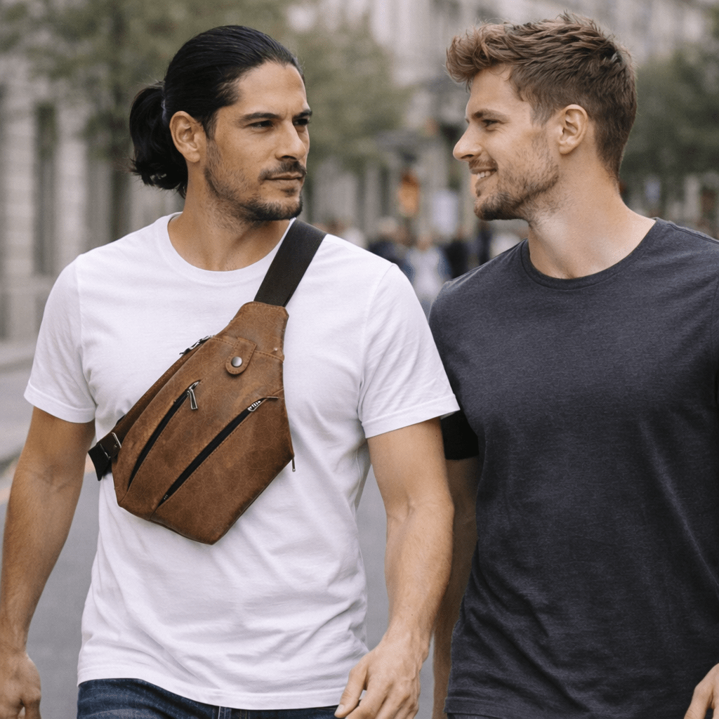 Two men walking outdoors with one wearing a brown leather bag.
