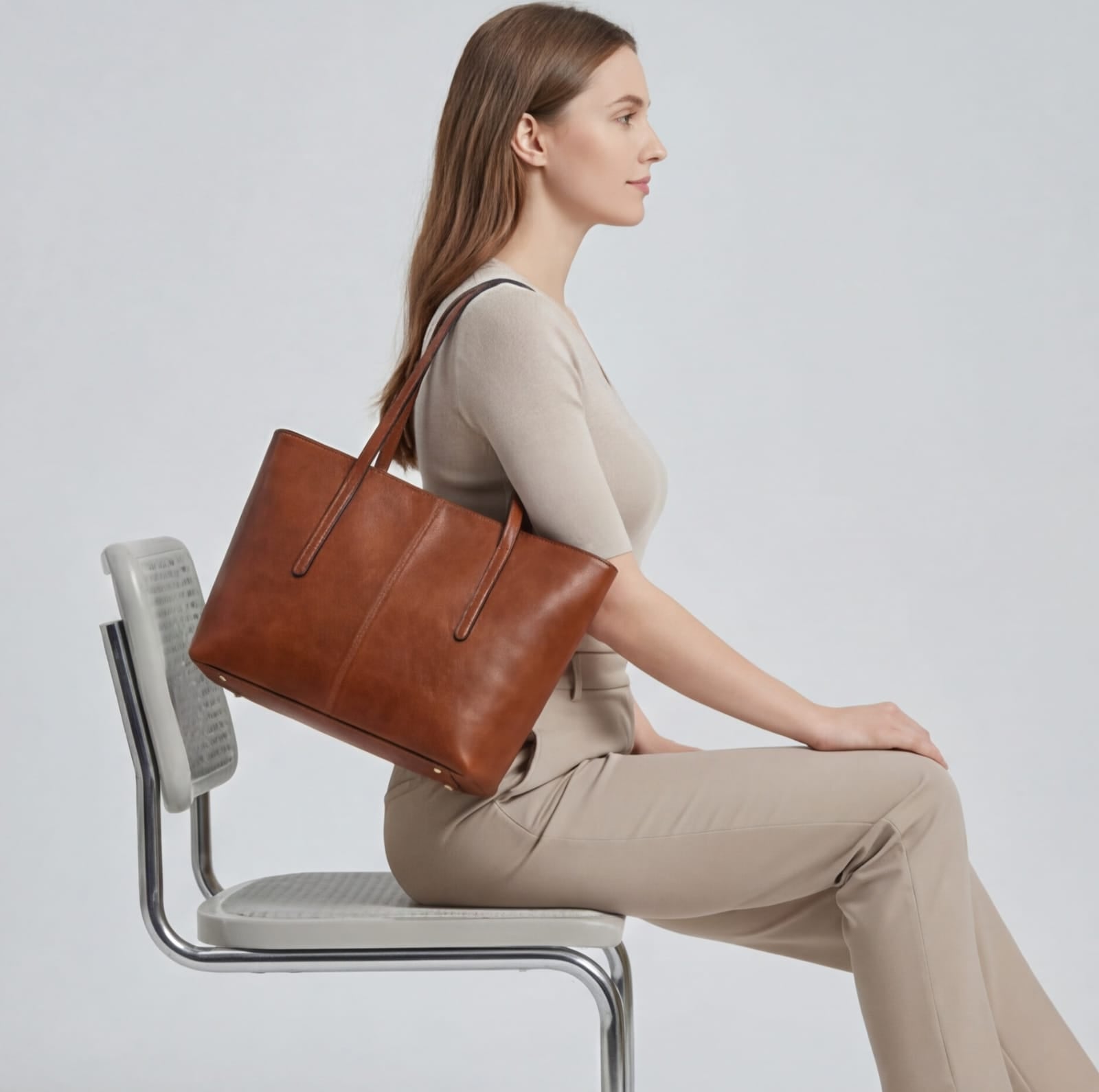 Woman sitting on a chair holding a brown leather tote bag against a plain background