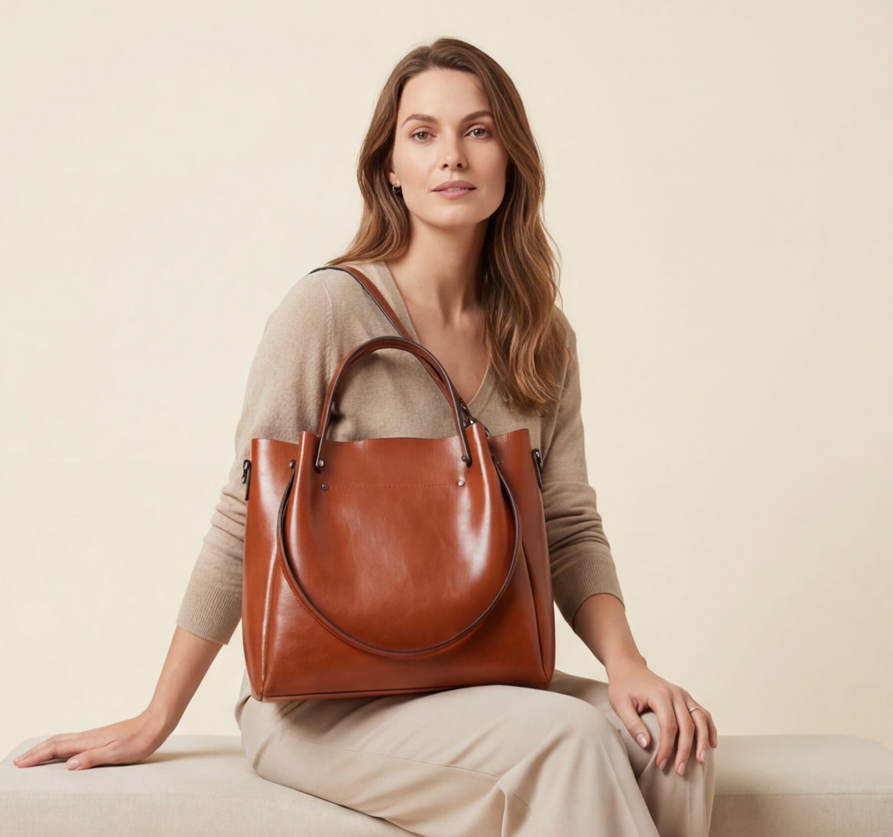 Woman holding a brown leather handbag against a beige background