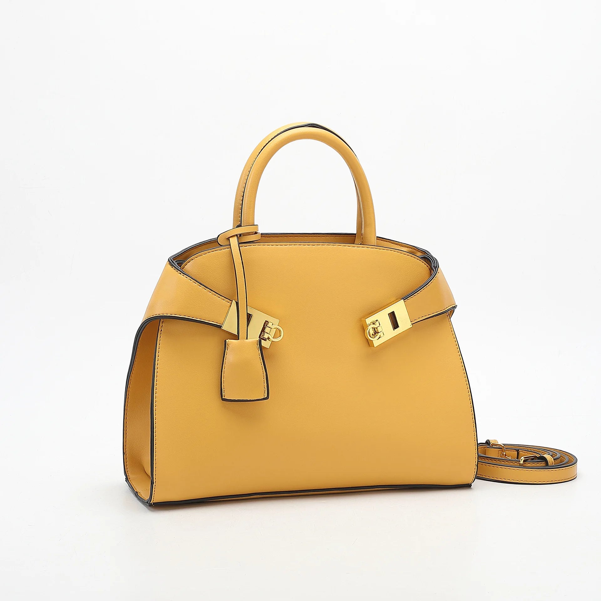 Yellow handbag with gold accents on a white background