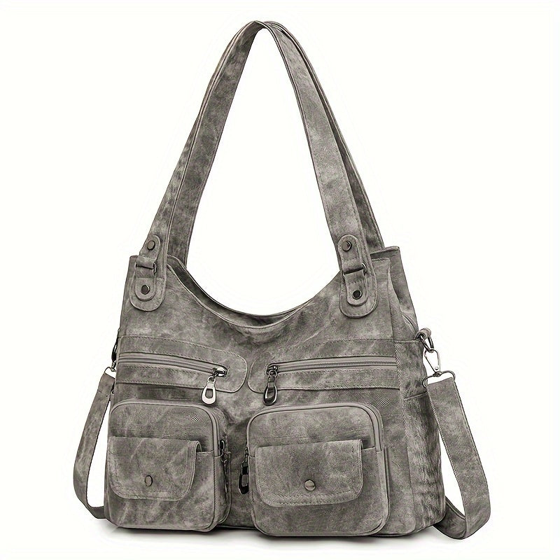 1pc Vintage Style Women's Shoulder Bag with Dual Main Compartments, Faux Leather, Removable Strap, Zip Closure, Polyester Lining, Solid Pattern, for Various Occasions - Available in Black, Beige, Khaki, Grey, Blue