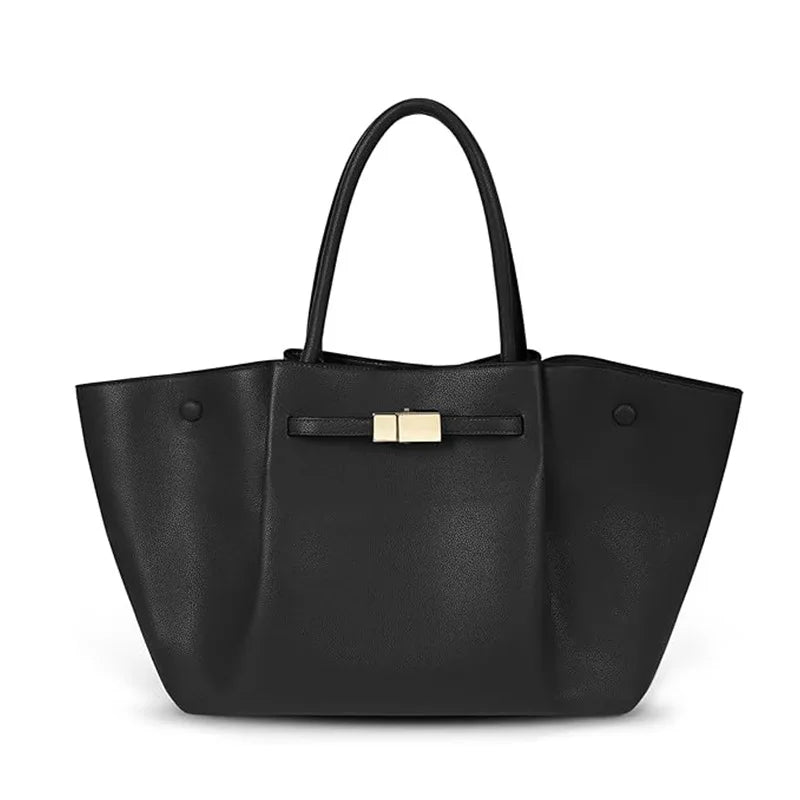 Black leather tote bag with structured design and detachable shoulder strap
