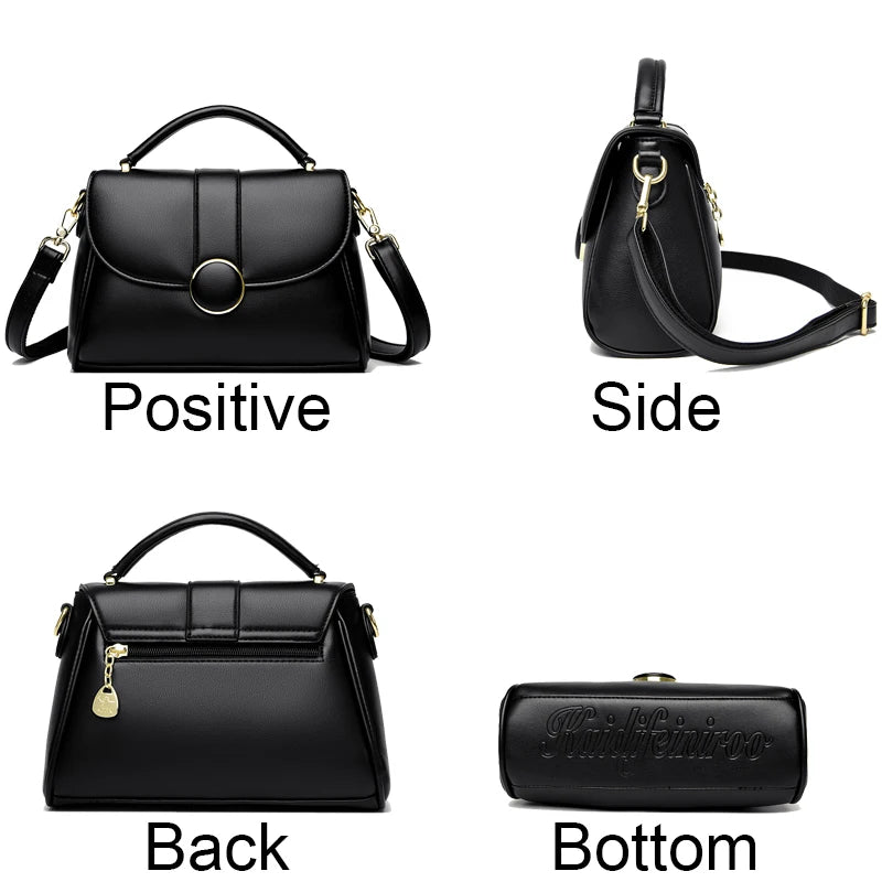 Black luxury leather handbag displayed from four angles: front, side, back, and bottom, featuring a gold-tone clasp and an adjustable strap.