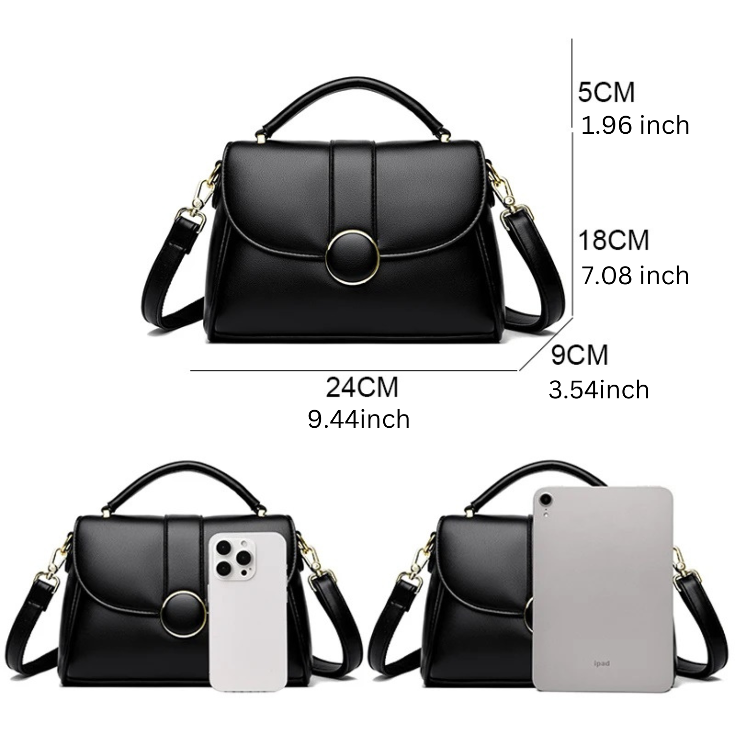 Black luxury leather handbag with a gold-tone circular clasp, adjustable shoulder strap, and dimensions showing the size compared with a phone and tablet.