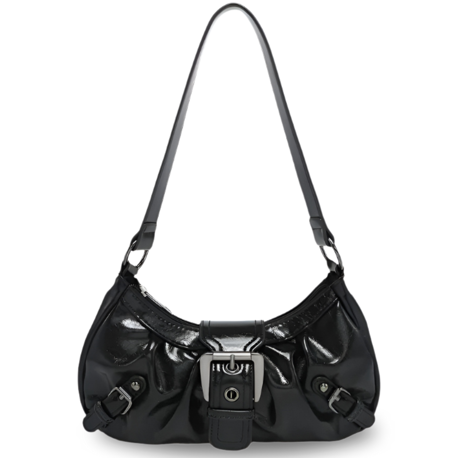Glossy black Y2K-style PU leather shoulder bag with front buckle and adjustable strap.