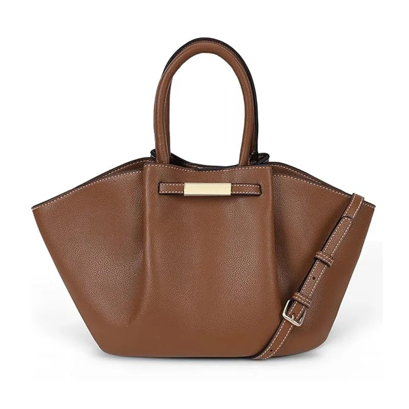 Brown leather tote bag with structured design and detachable shoulder strap