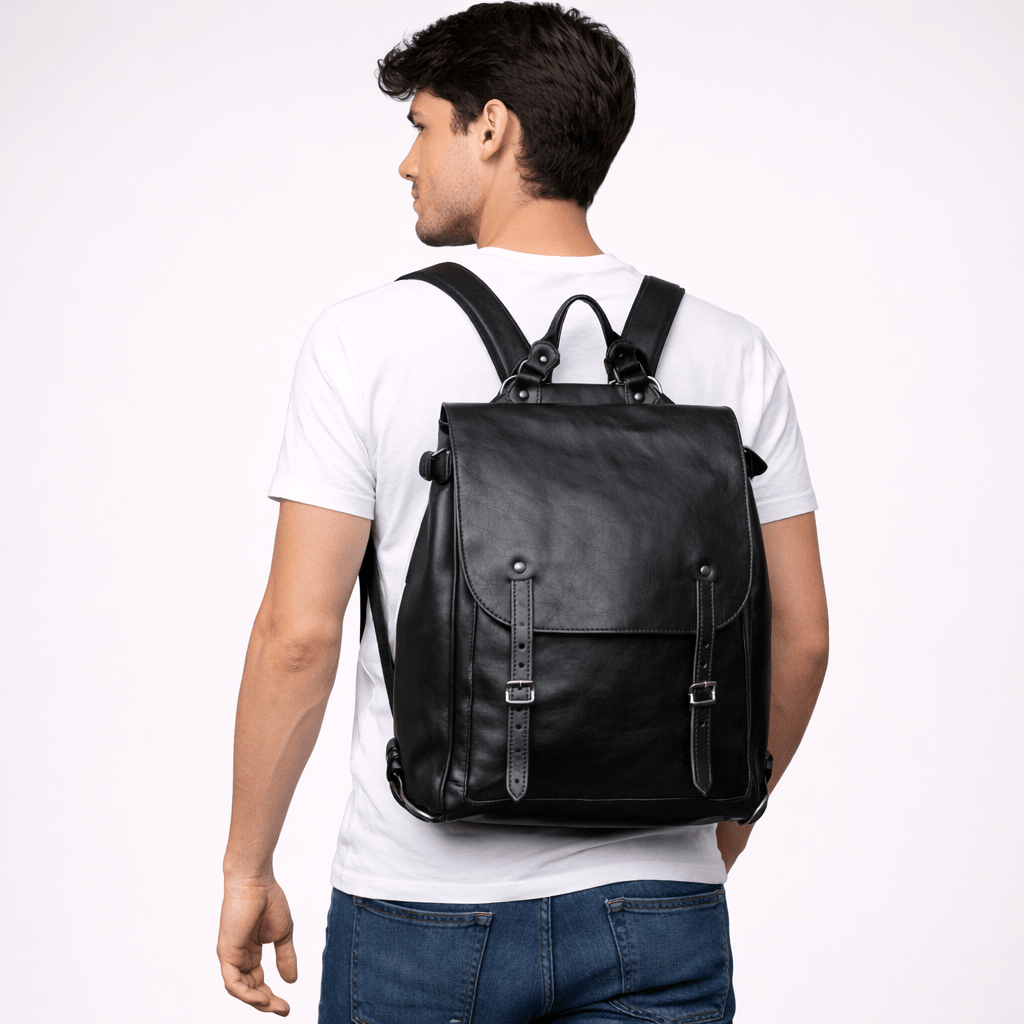 brown hair man holding black leather backpack