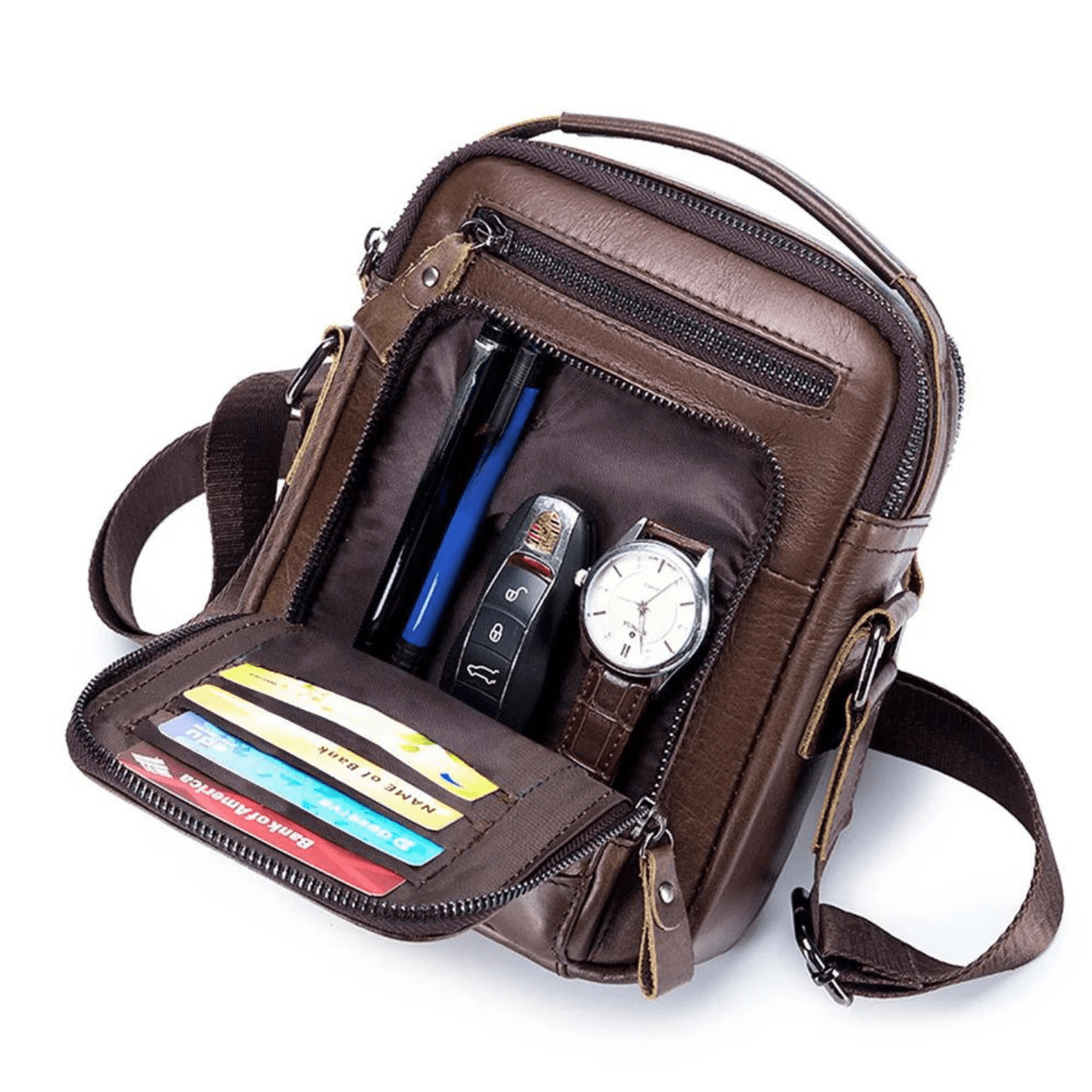 brown men leather shoulder bag with zip compartments and organized interior pockets