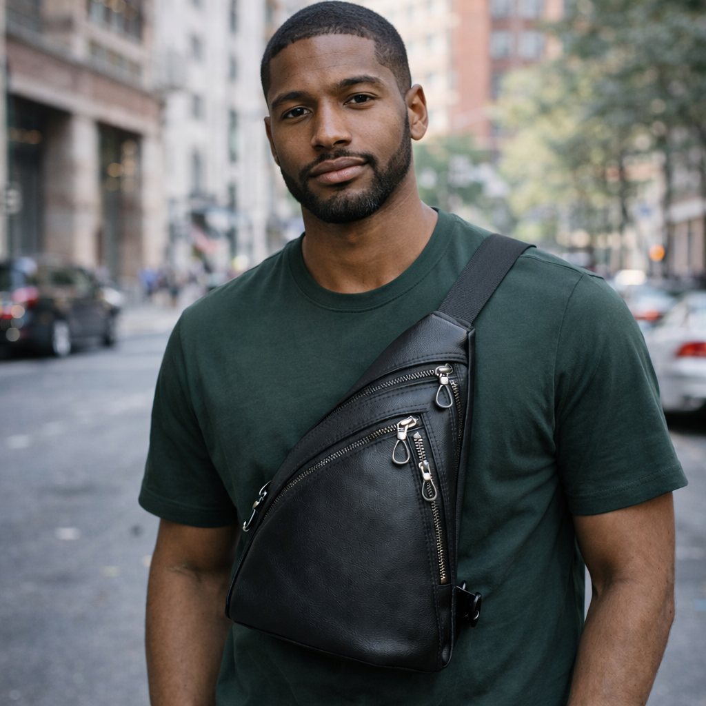 Man wearing a green t-shirt with a black leather crossbody bag on an urban street.