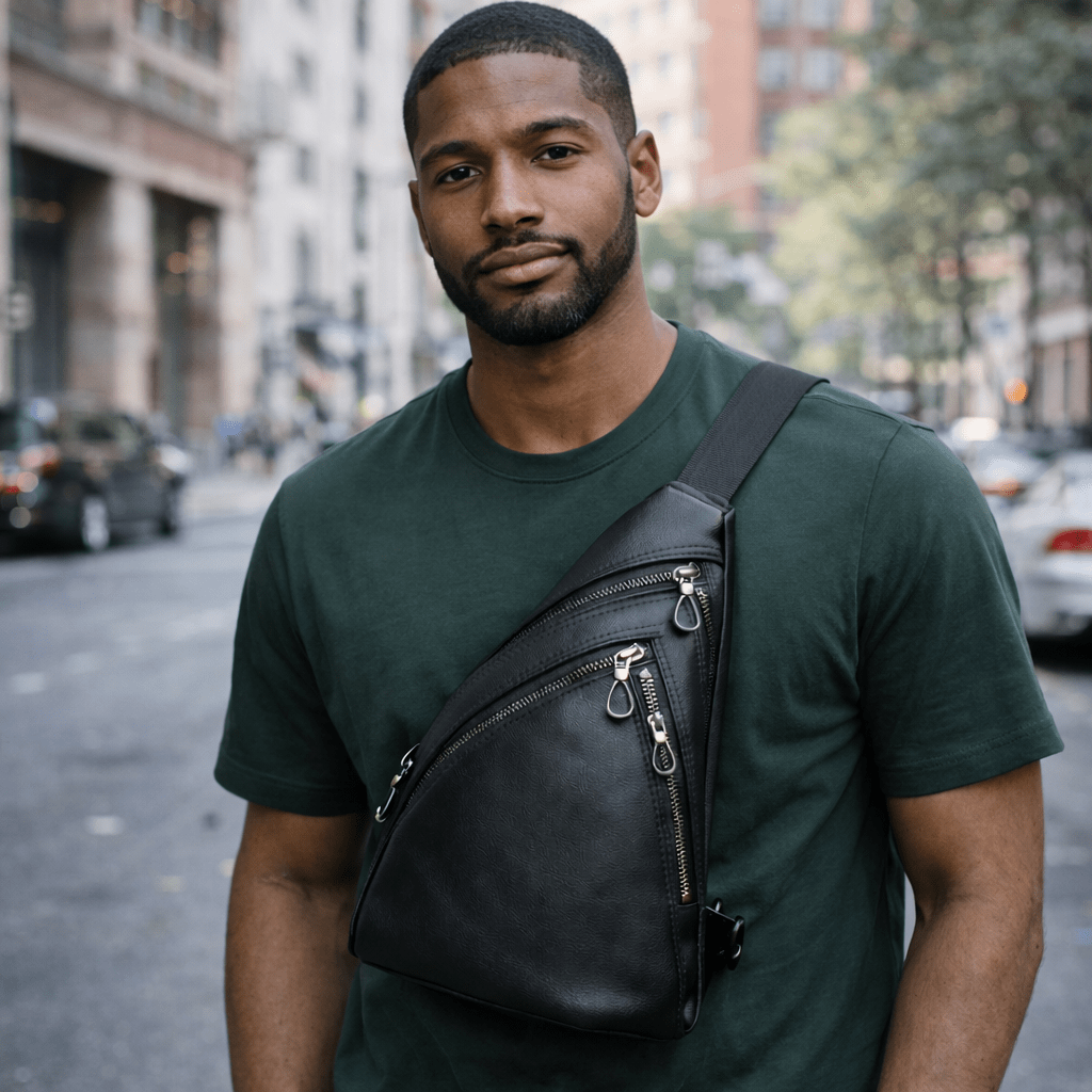Man wearing a green t-shirt with a black leather crossbody bag on an urban street.