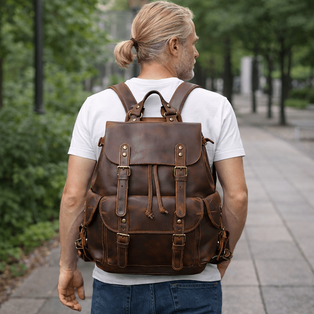 blond man weraing brown leather backpack walking on the street