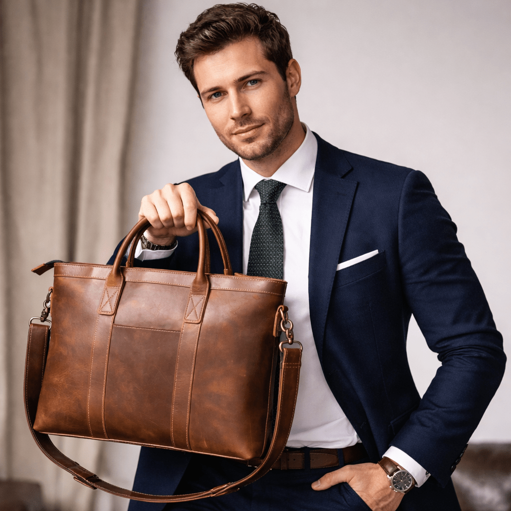 Man in a suit holding a brown leather briefcase against a neutral background