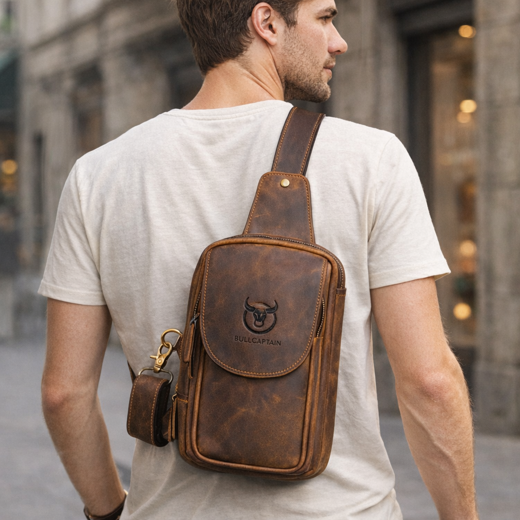 men i n white t-shirt with a brown leather crossbody bag