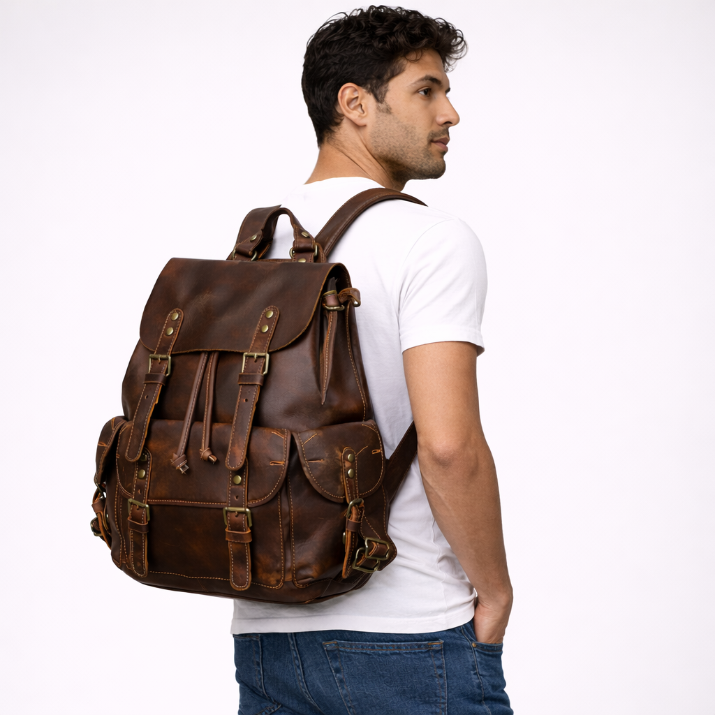 men with a brown leather backpack on the white background