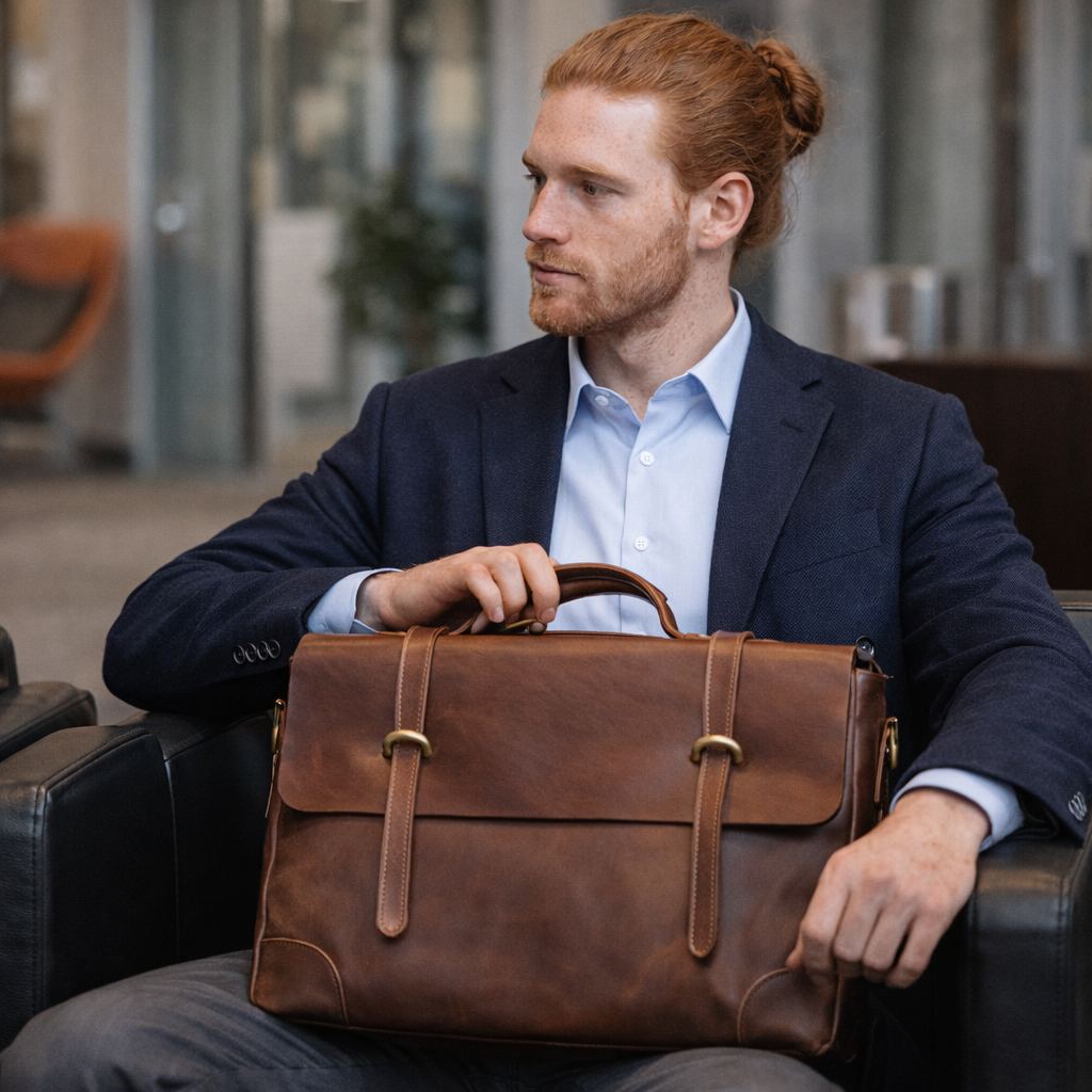 Man holding a brown leather briefcase in an indoor setting