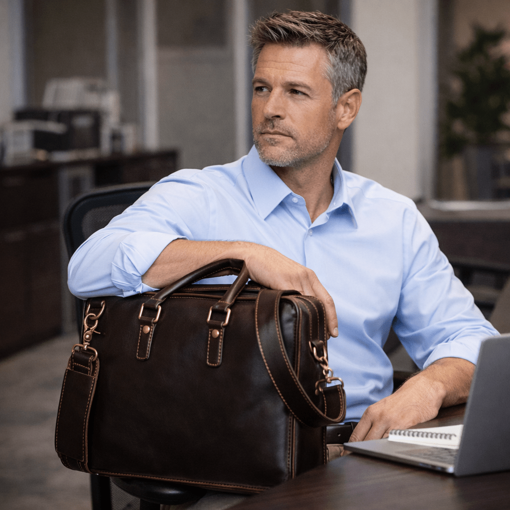 Man sitting at a desk with a brown leather briefcase in an office setting