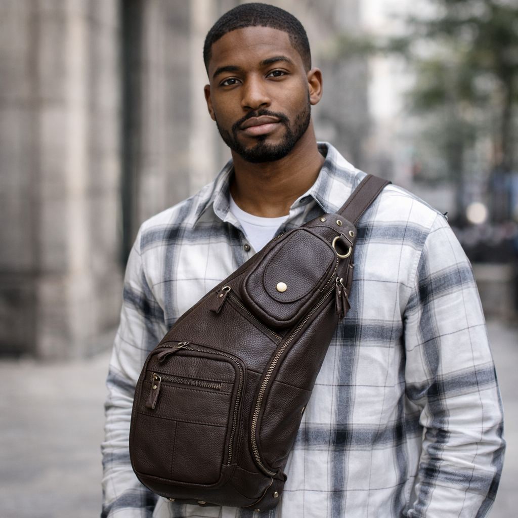 Man wearing a brown leather sling bag on a city street