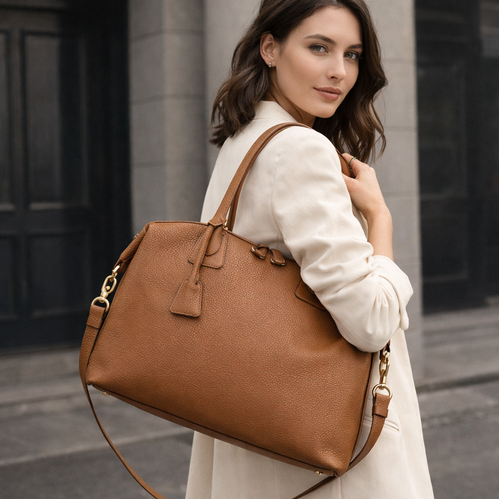 Woman holding a brown leather handbag in an urban setting