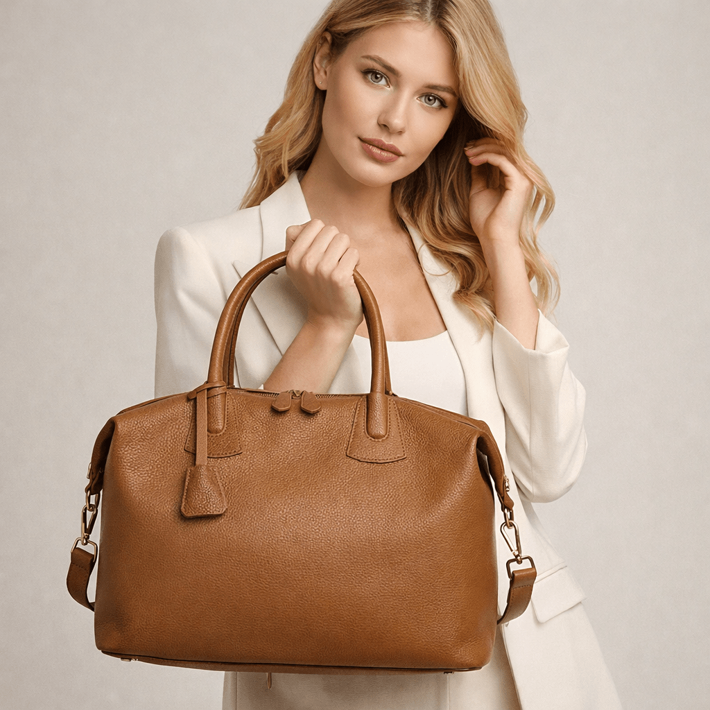 Woman holding a brown leather handbag against a plain background