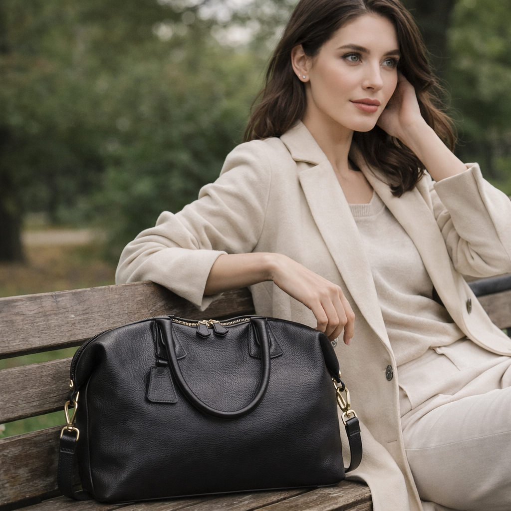 Woman sitting on a bench with a black handbag, wearing a beige coat.