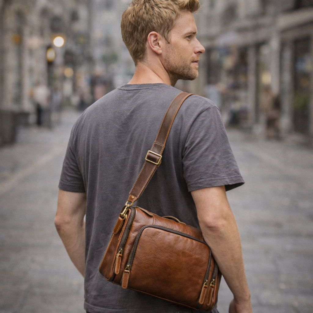 Man walking down a street with a brown leather bag over his shoulder