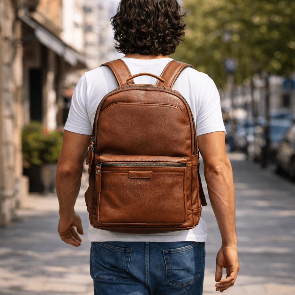 Man walking on a street wearing a brown leather backpack