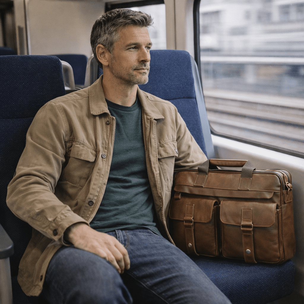 Man sitting on a train with a brown leather bag next to him