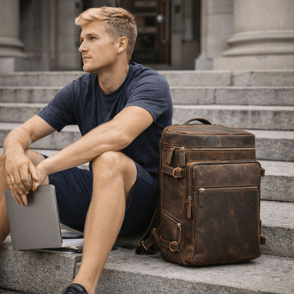 Man sitting on steps with a brown leather backpack and laptop