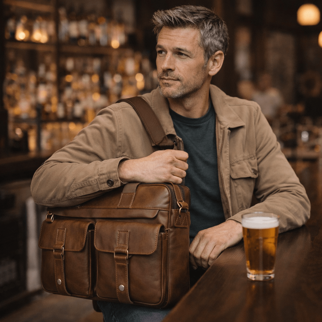Man holding a brown leather bag in a bar setting with a glass of beer on the table.