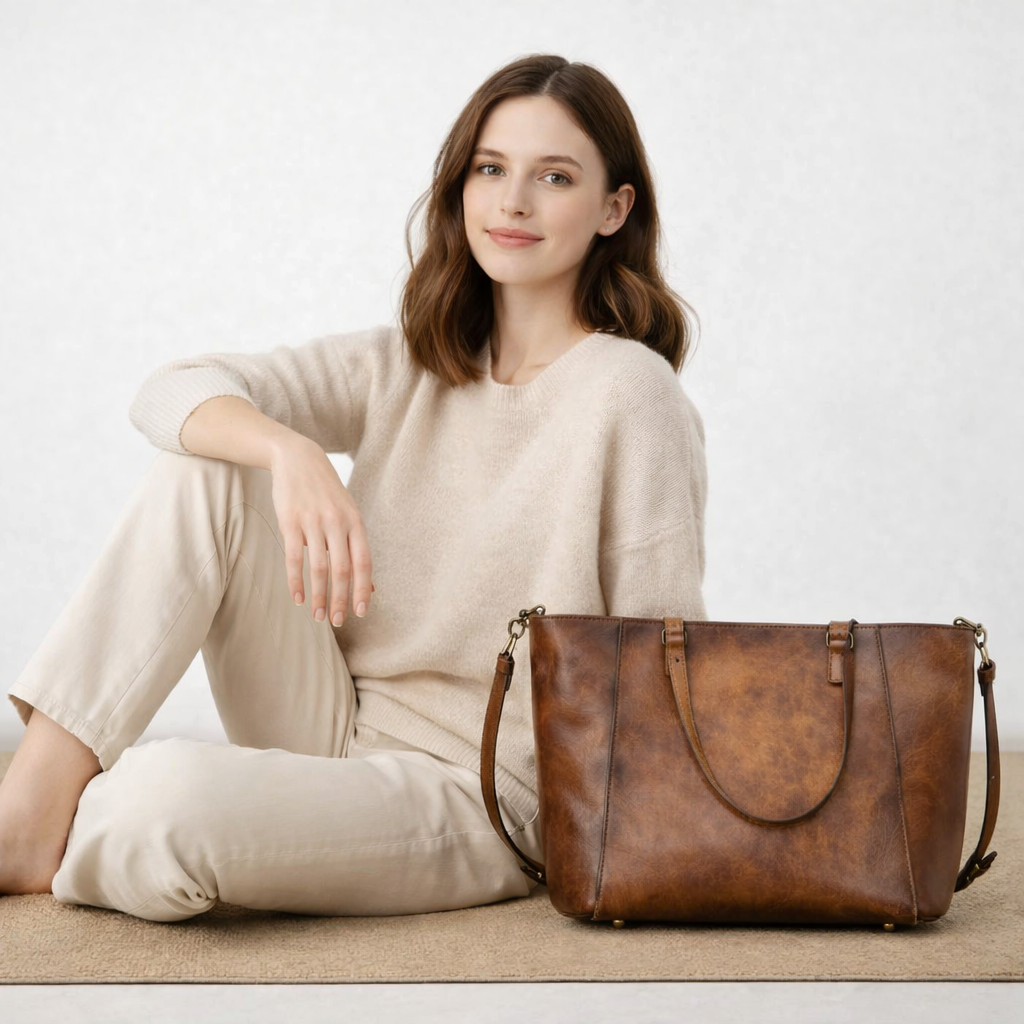 Woman sitting next to a brown leather handbag on a light background