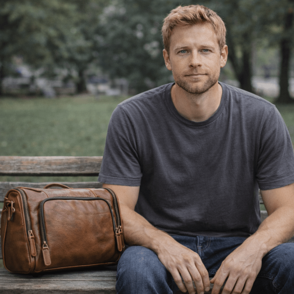 Man sitting on a bench with a brown leather bag next to him in an outdoor setting